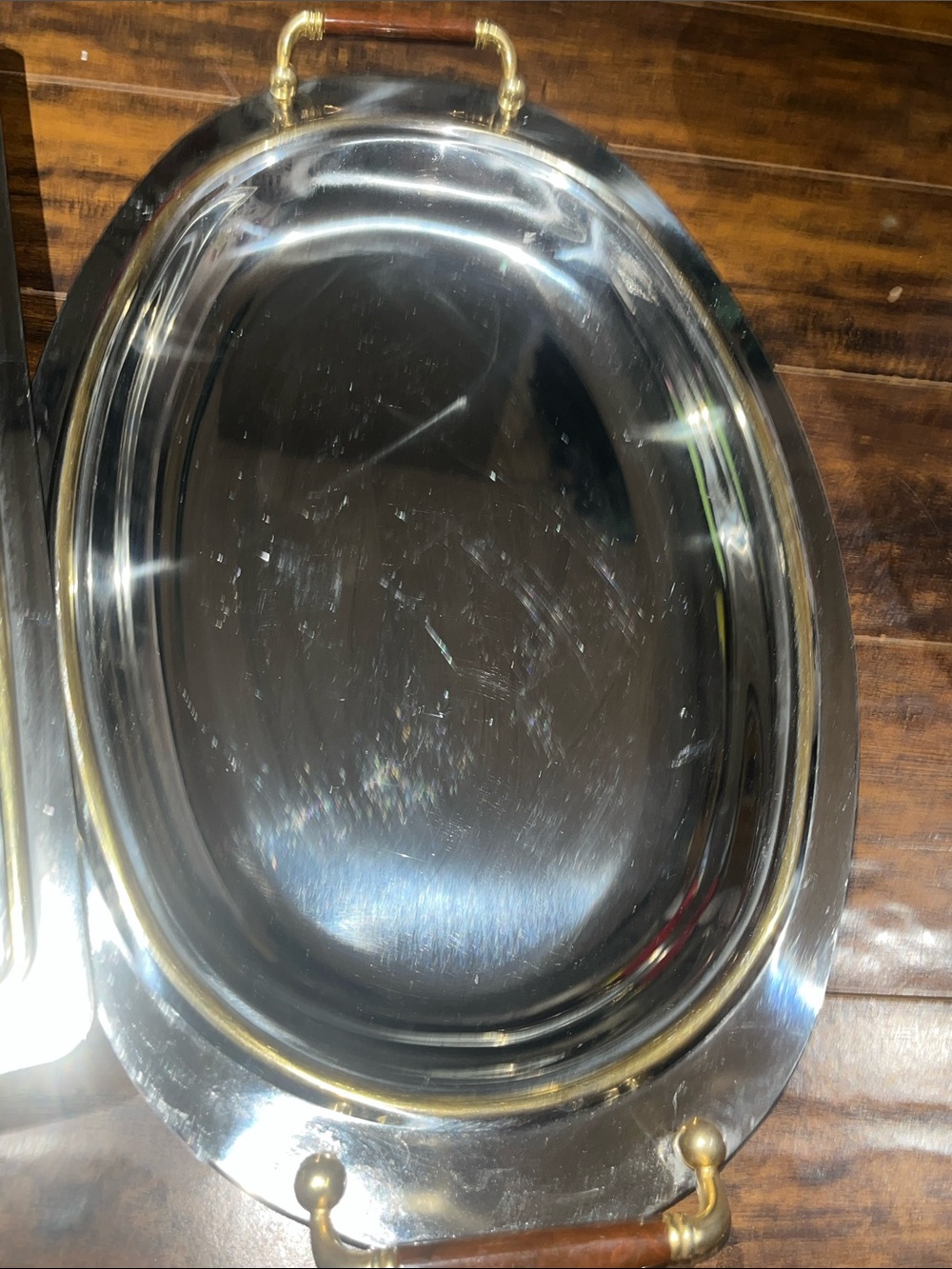 Vintage Metal Serving Tray with Wood Handles - Silver Finish